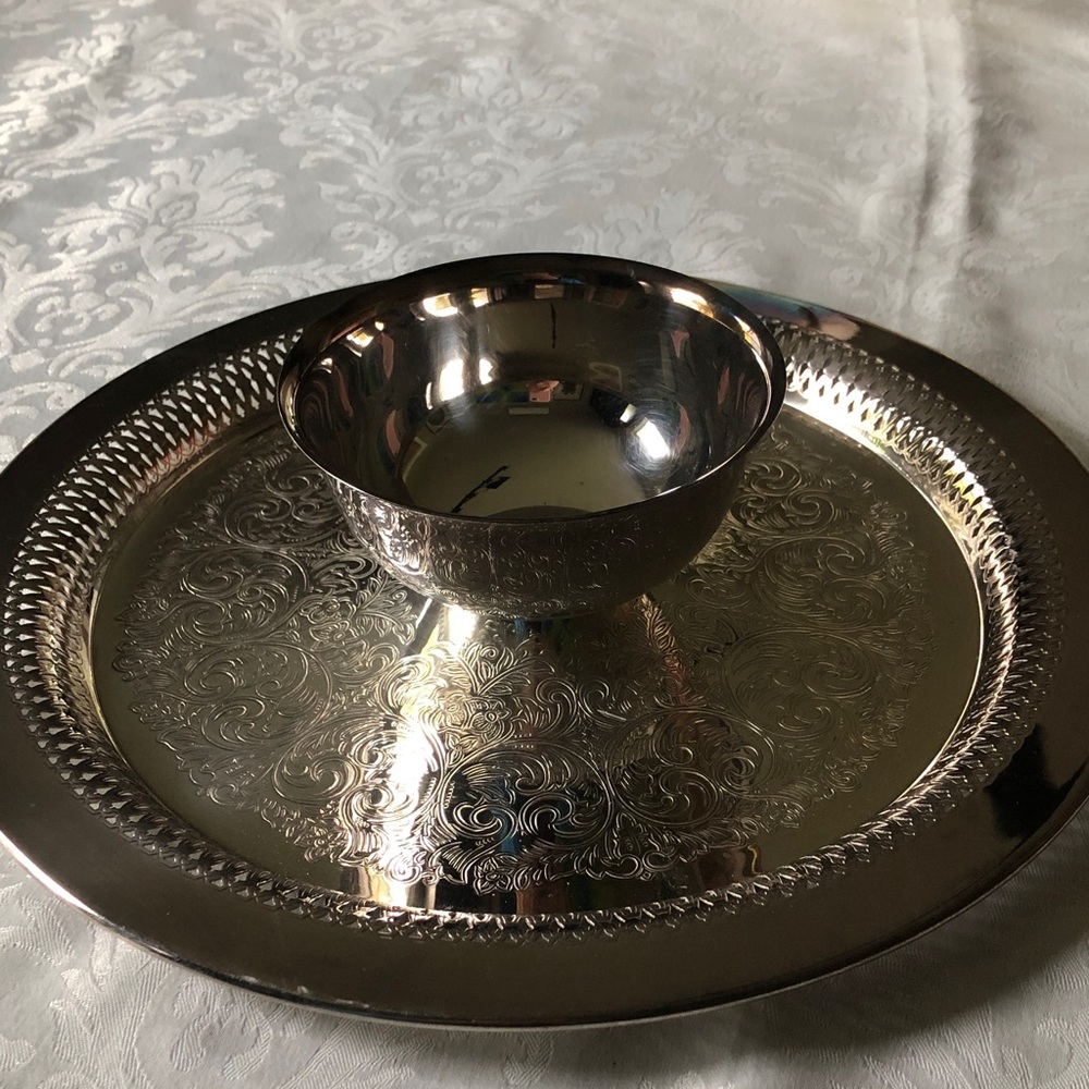 Silver Stamped Metal Serving Tray with Matching Bowl - Silver